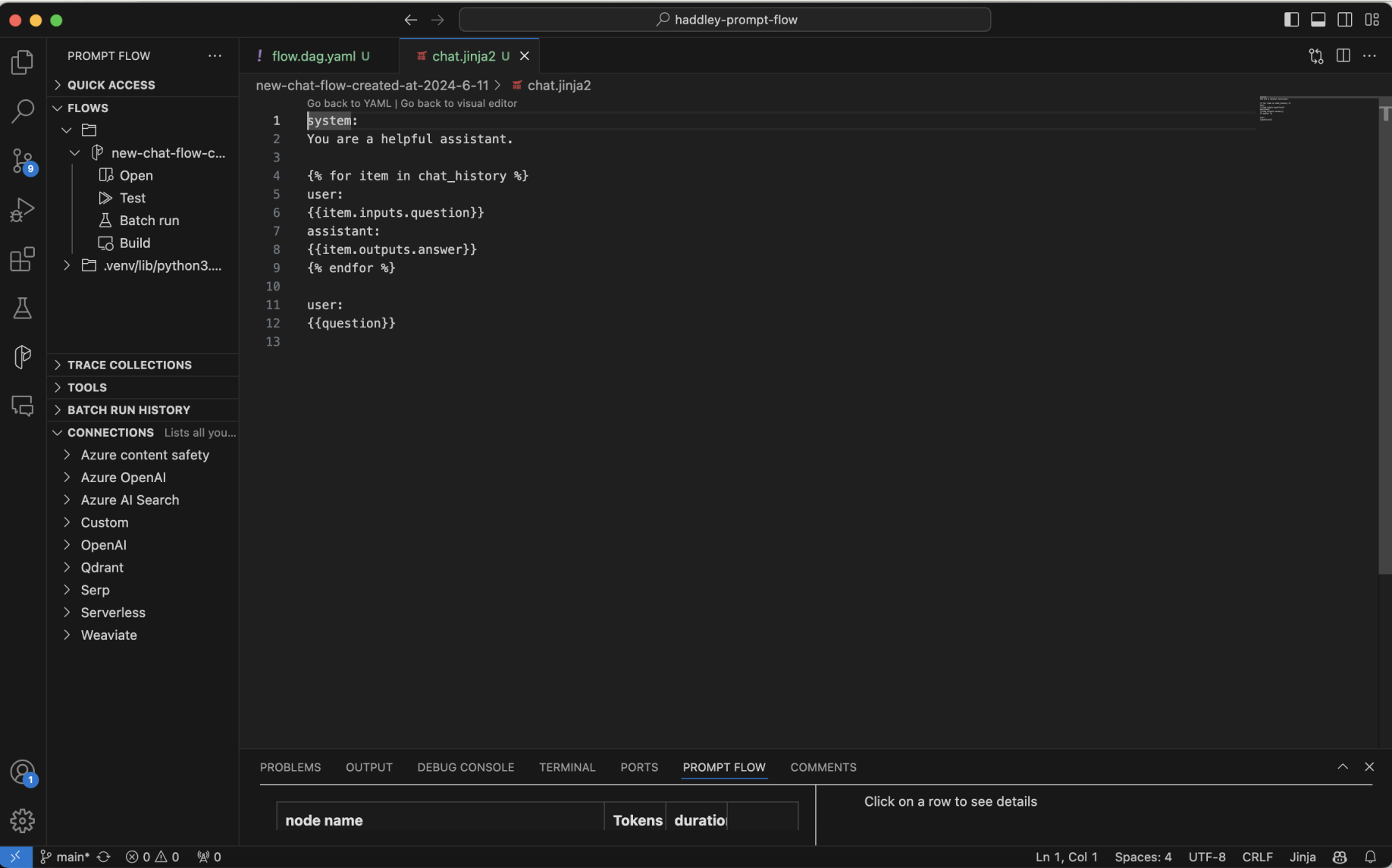 The chat.jinja2 file is used to compose the large language model prompt (with the chat history included)