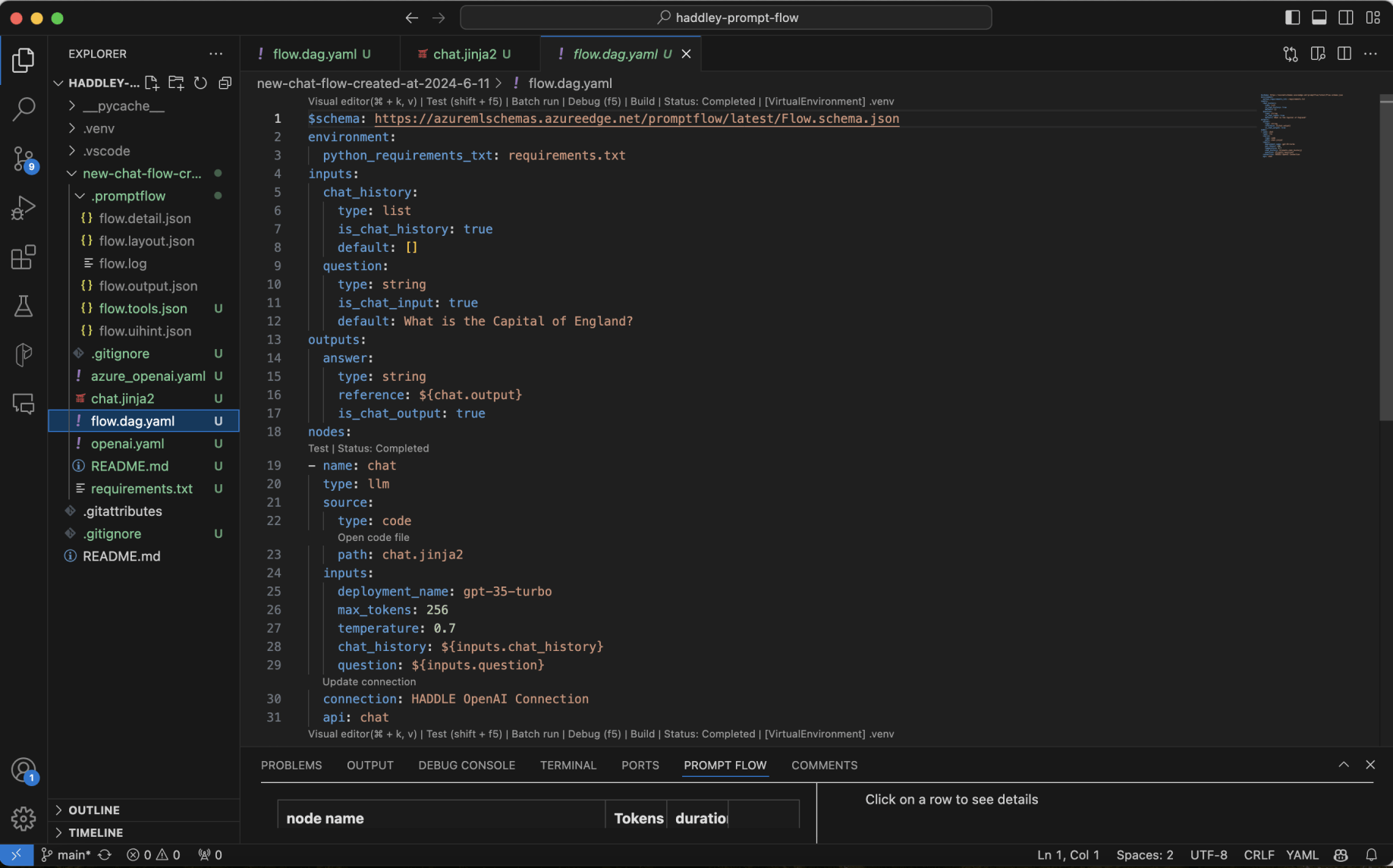 The new chat flow included a single llm tool (named "chat")