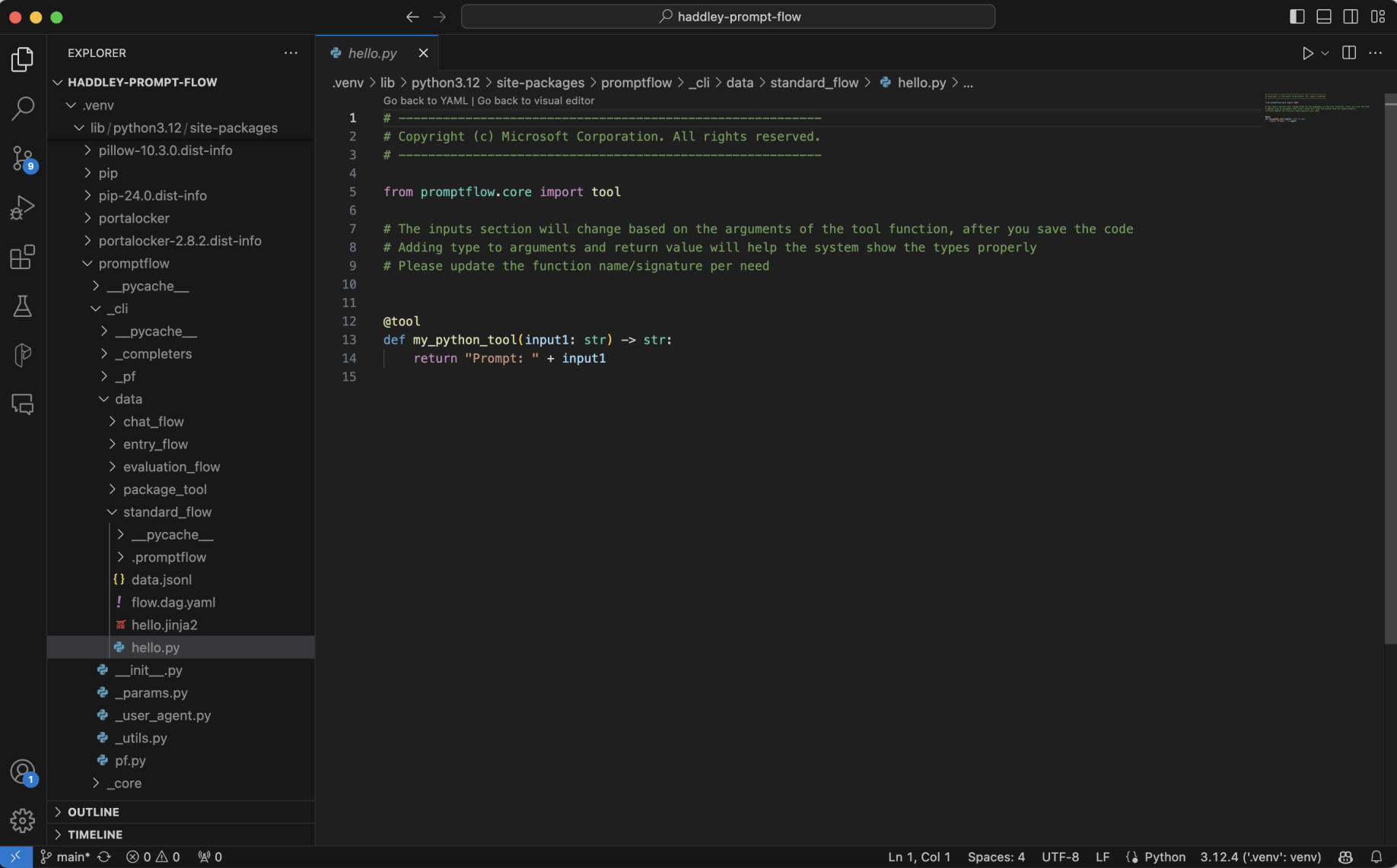 The "Prompt: " text is included in the hello.py source code