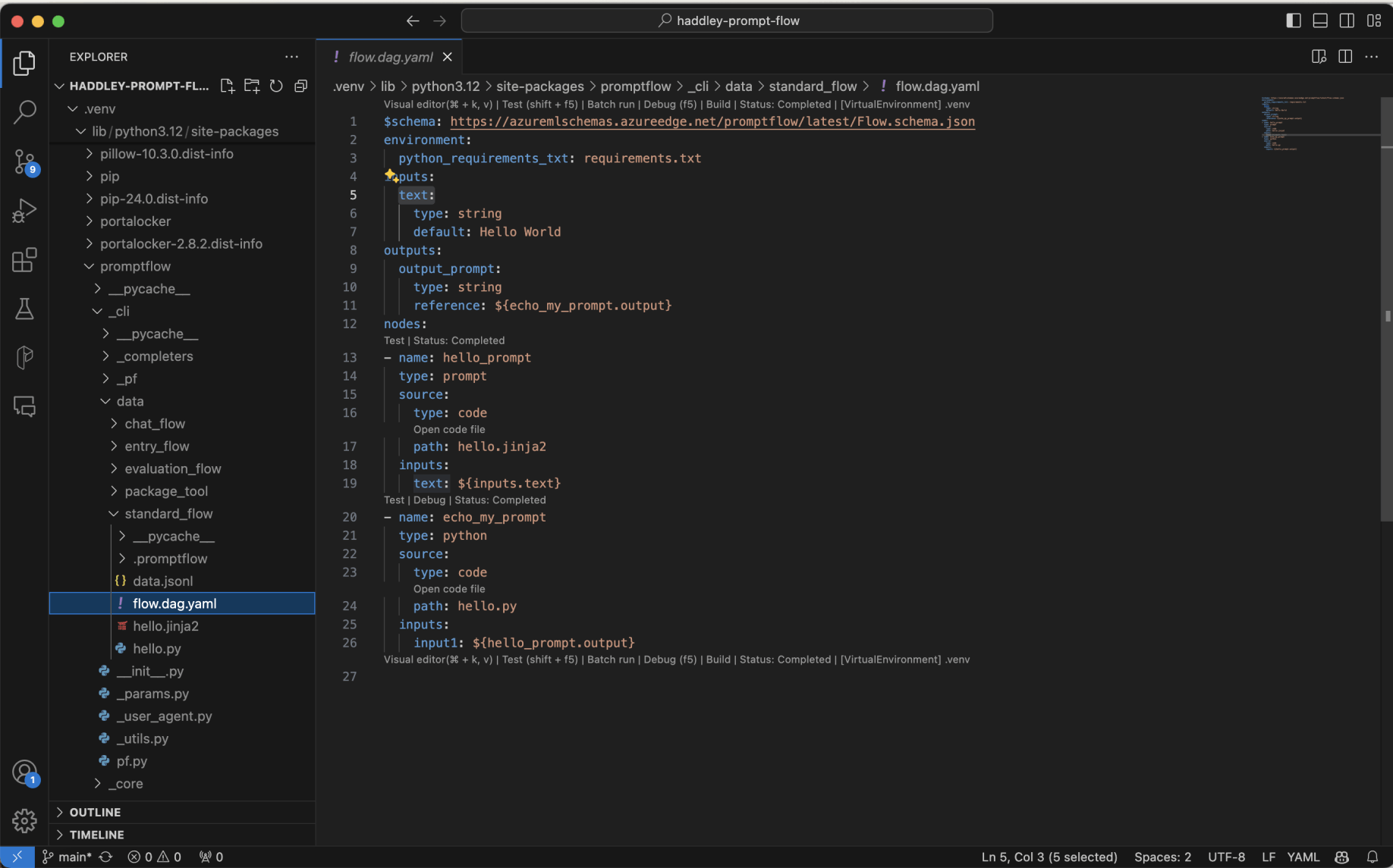 The flow.dag.yaml file describes the flow