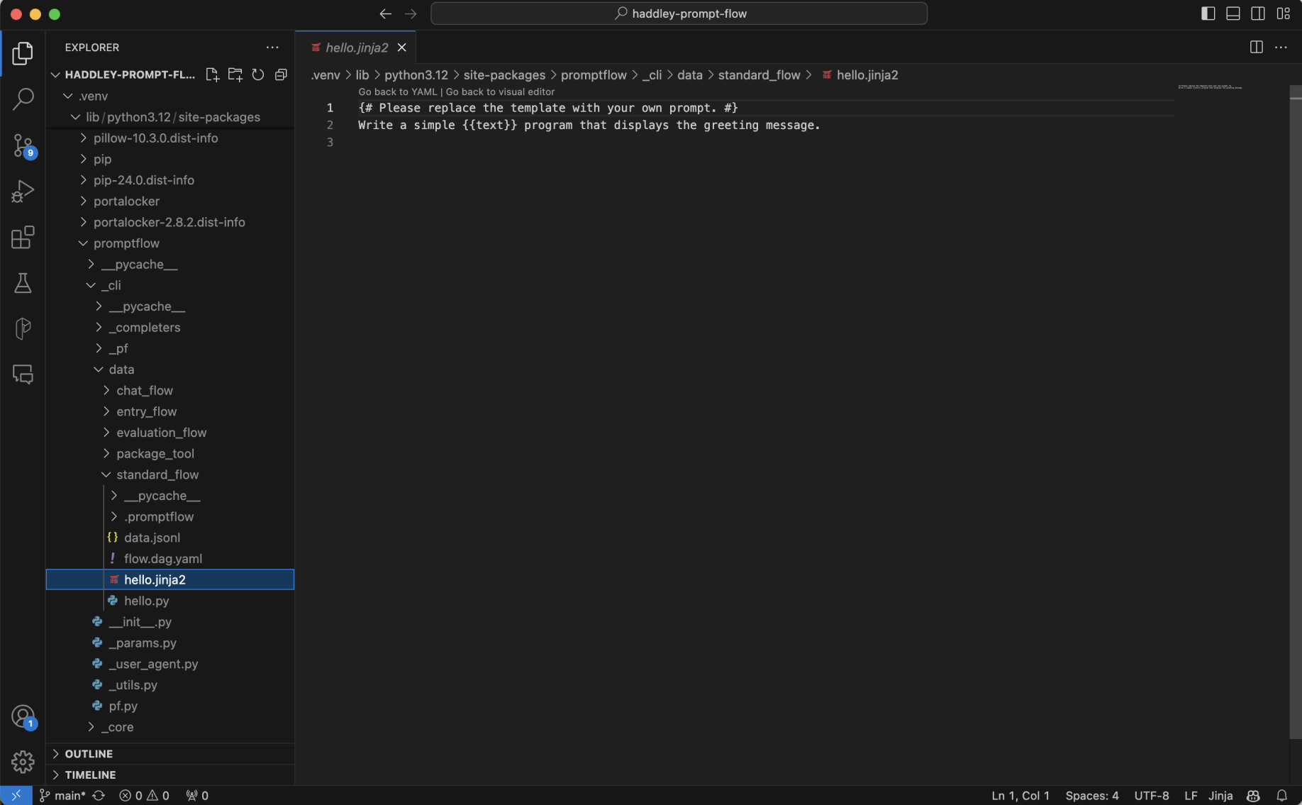 The hello.jinja2 template contains the "Write a simple {{text}}..." text