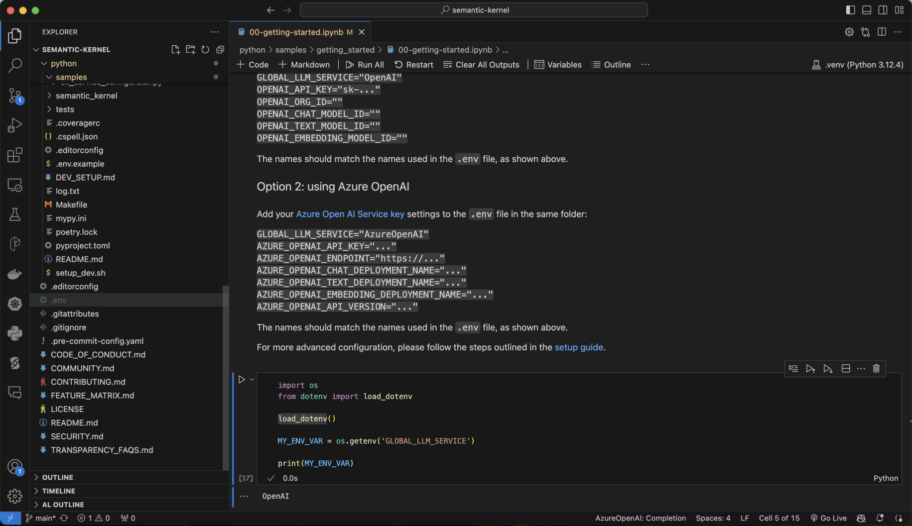 I moved the .env file to the root of the repository and checked that I could retrieve values from it