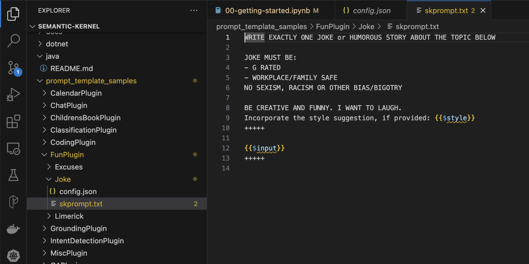 This is the joke plugin's Semantic Kernel prompt template