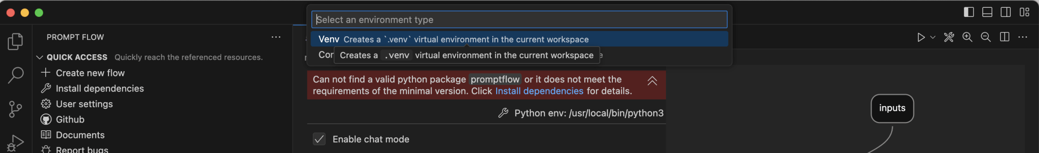 I selected the Venv option