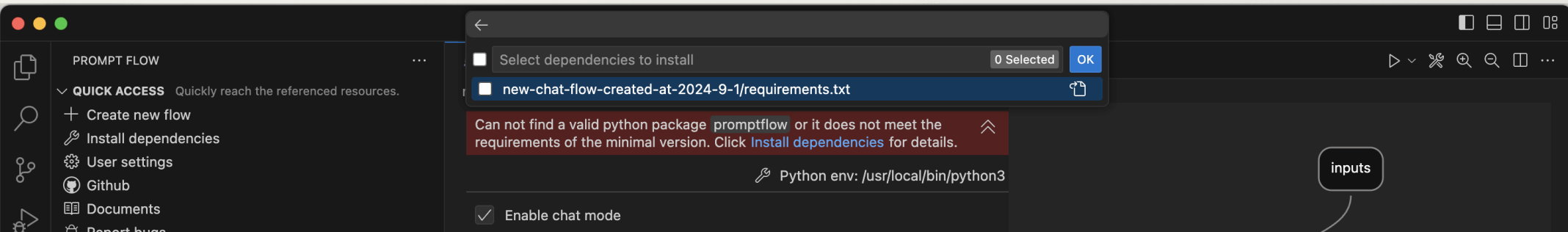 I selected the generated requirements.txt file