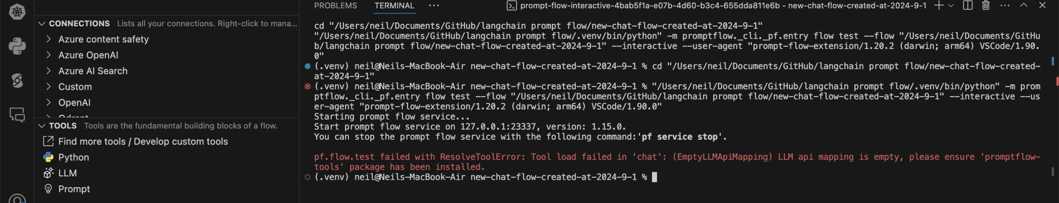 An error message showed that the "promptflow-tools" package was required