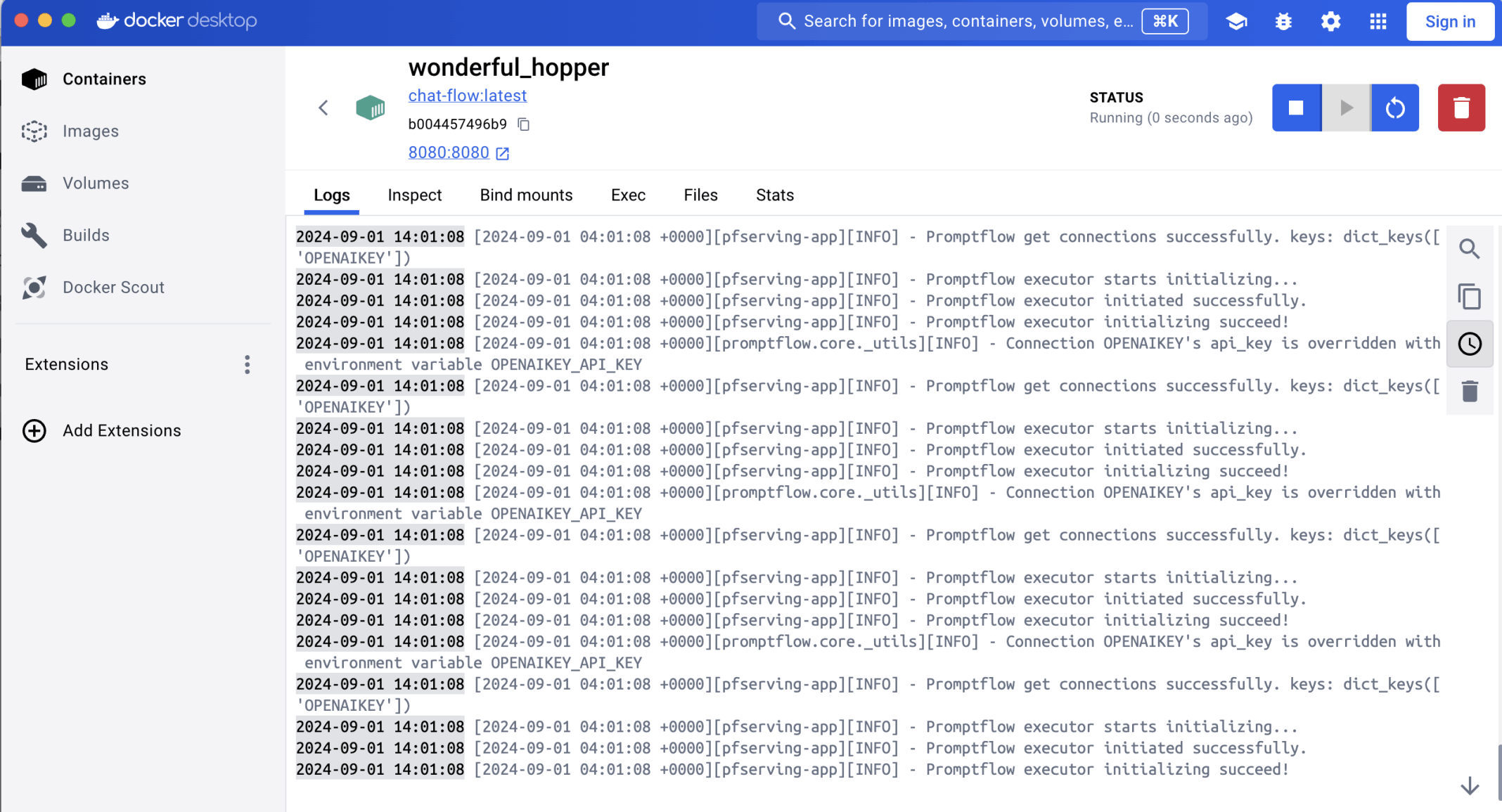 The Docker container started