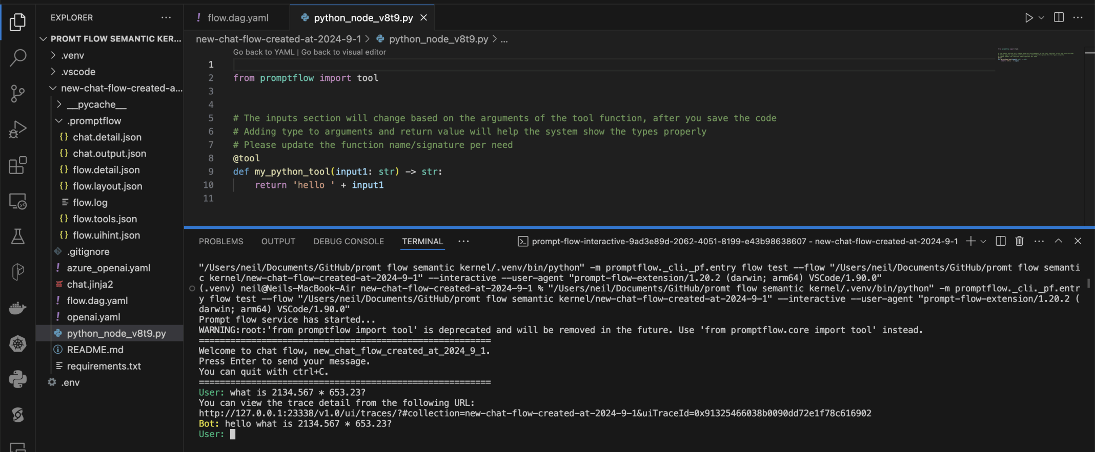 I replaced the large language model chat node with a Python node.The answer to every question I ask is "hello "+the question I asked (not very useful)