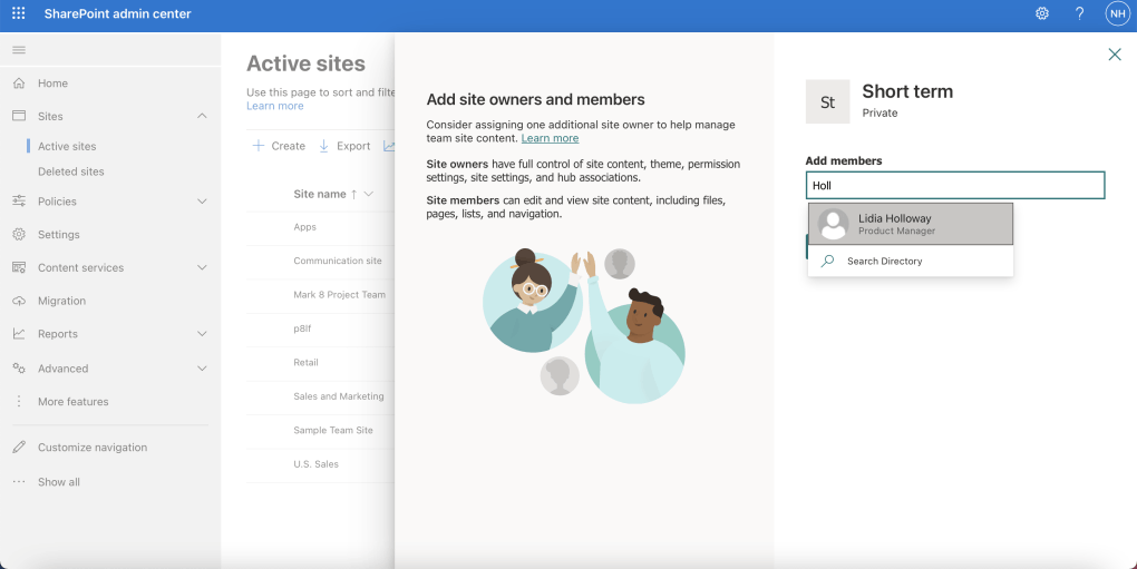 I added Lidia Holloway as a SharePoint Site member