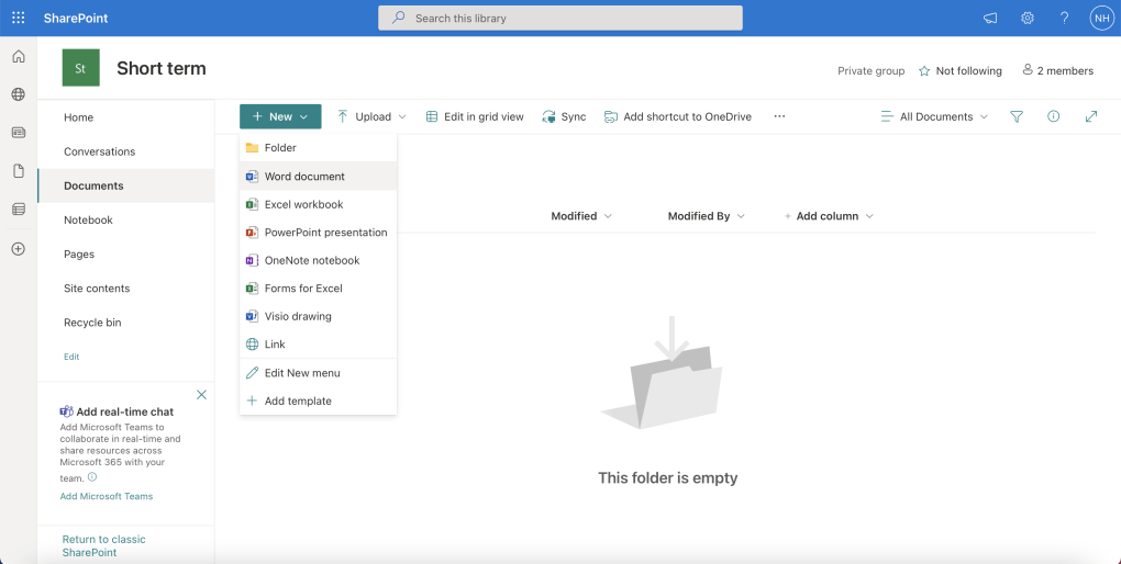 I added a new word document to the Documents Document Library in the Short term SharePoint Site