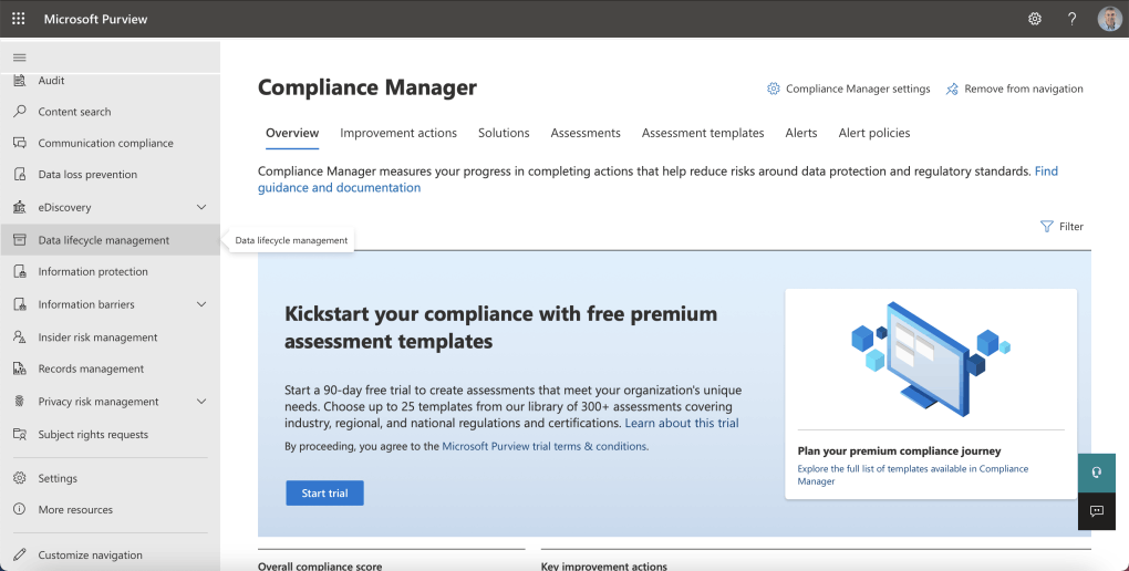 I navigated to the Microsoft Purview home page. I selected the Data lifecycle management menu item.