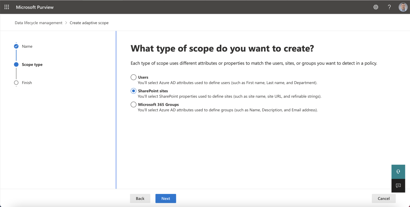 I selected the SharePoint sites radio button option