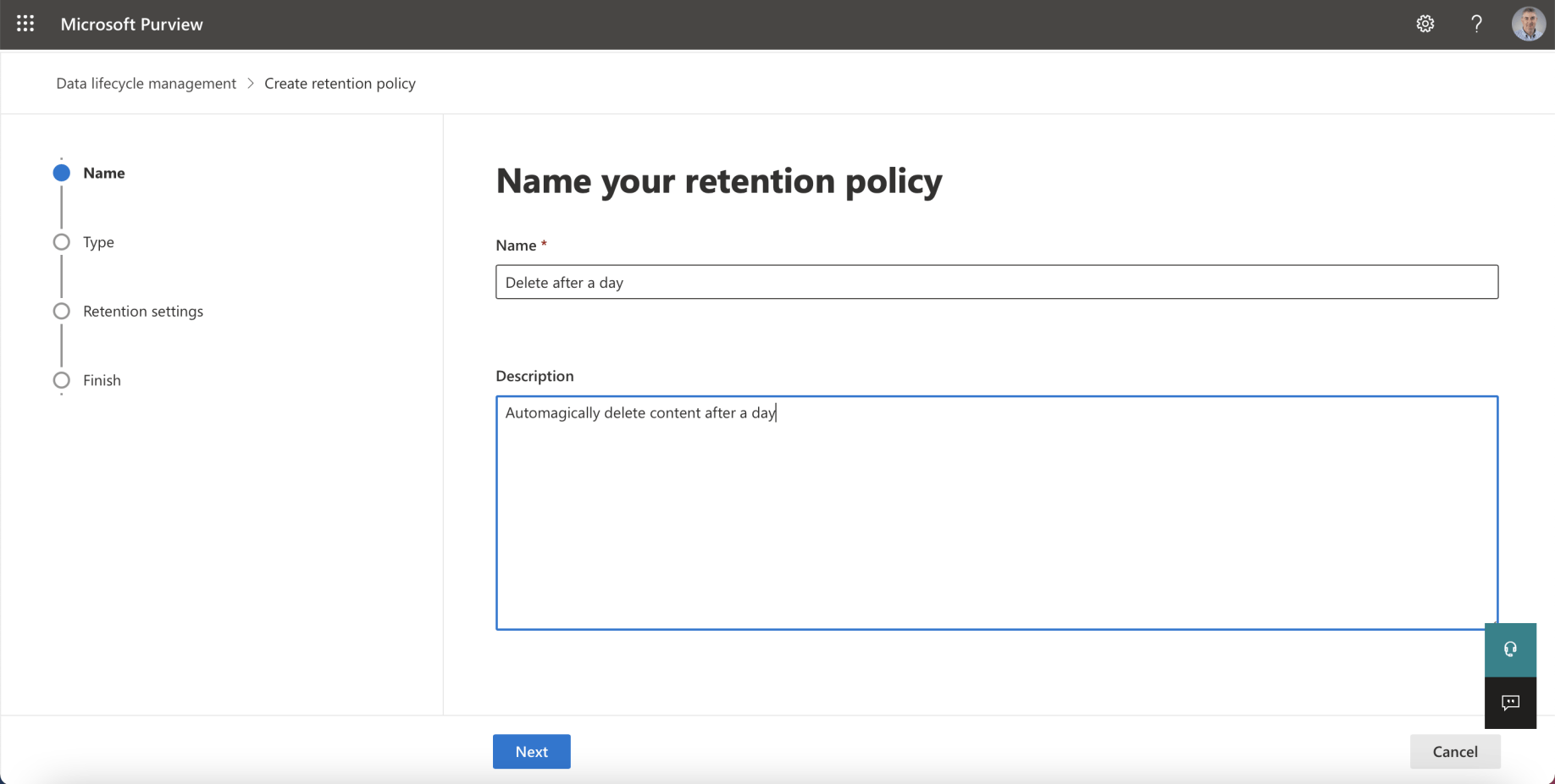 I named the retention policy "Delete after a day"