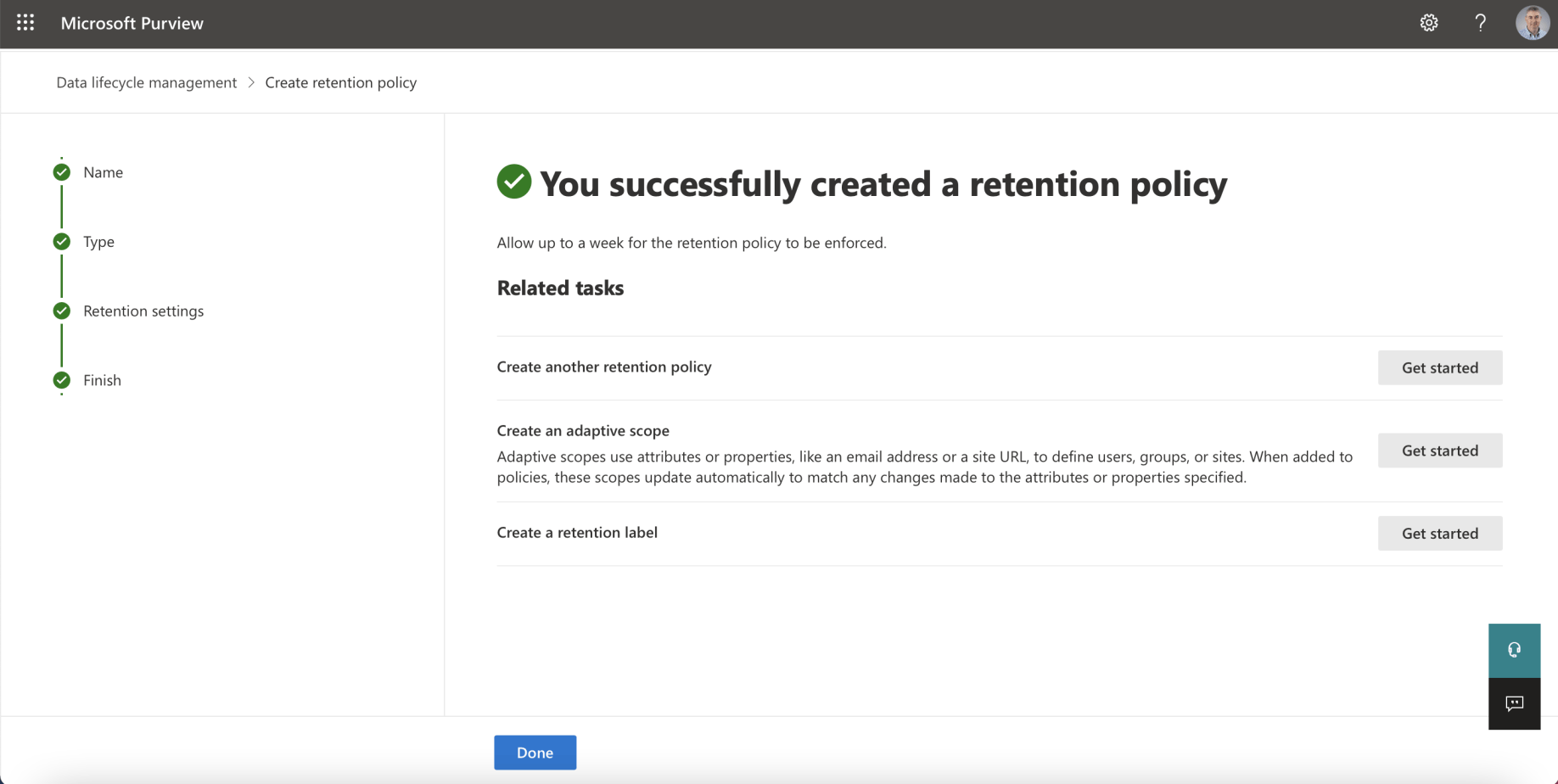 The retention policy was successfully created
