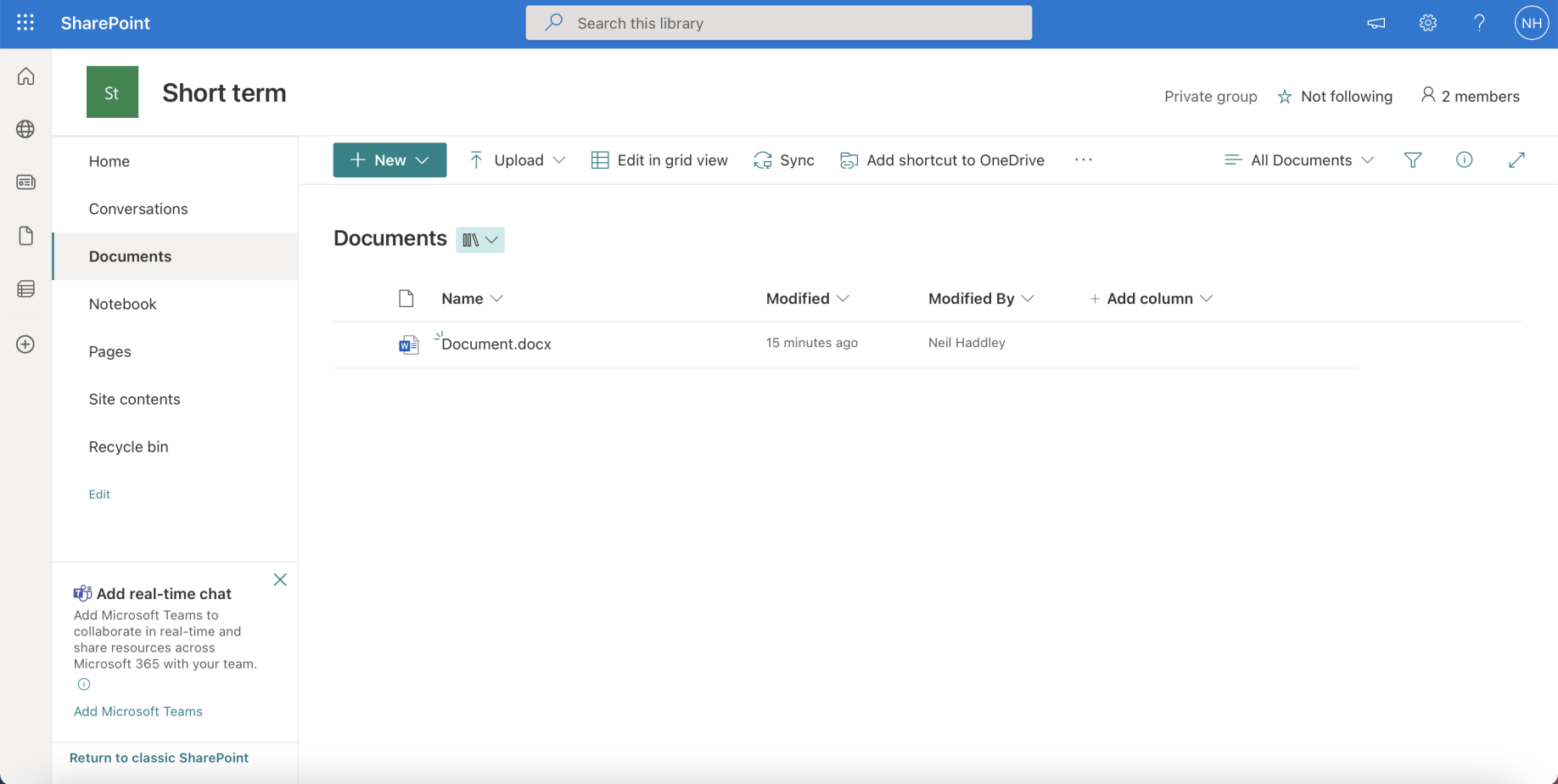 Initially the policy had no effect on contents of the "Documents" Document Library in the "Short term" SharePoint Site.