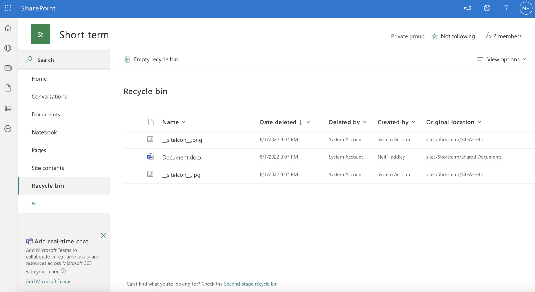 Document.docx was moved to the SharePoint Recycle bin (on August 1st 2022).