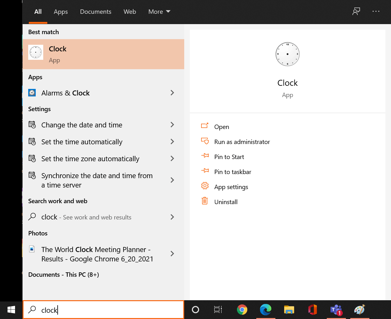 Launching the Clock application from the start menu