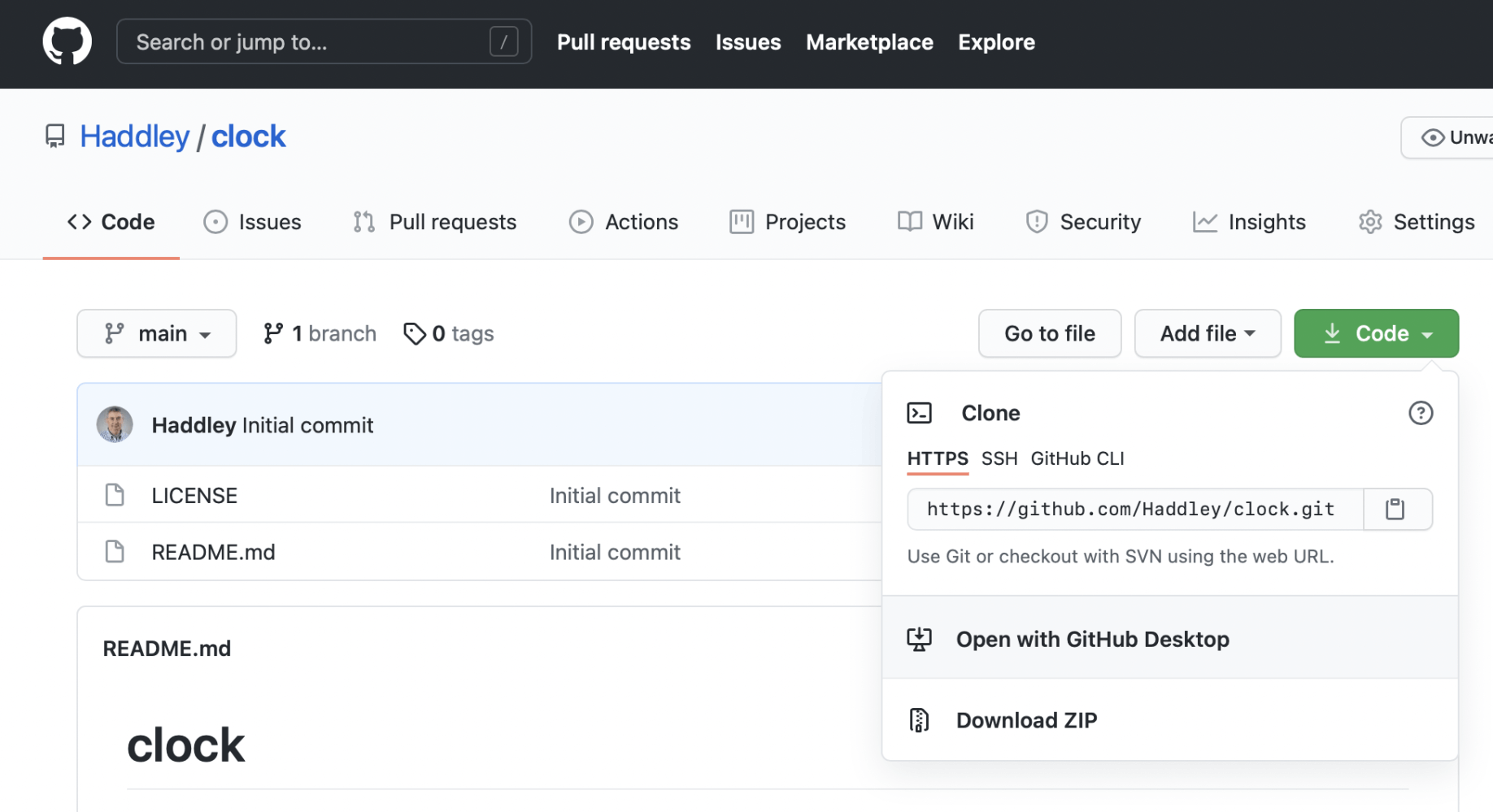 Click on the "Code" dropdown. Select the "Open with GitHub Desktop" button.