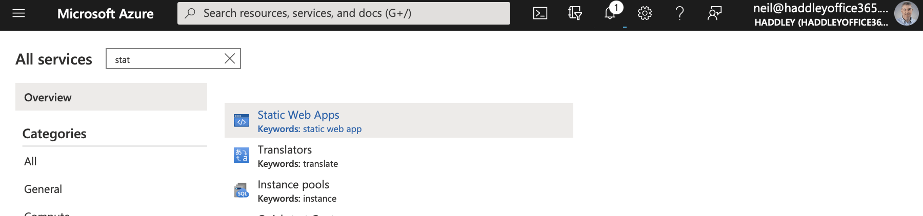 Use the filter to locate "Static Web Apps"