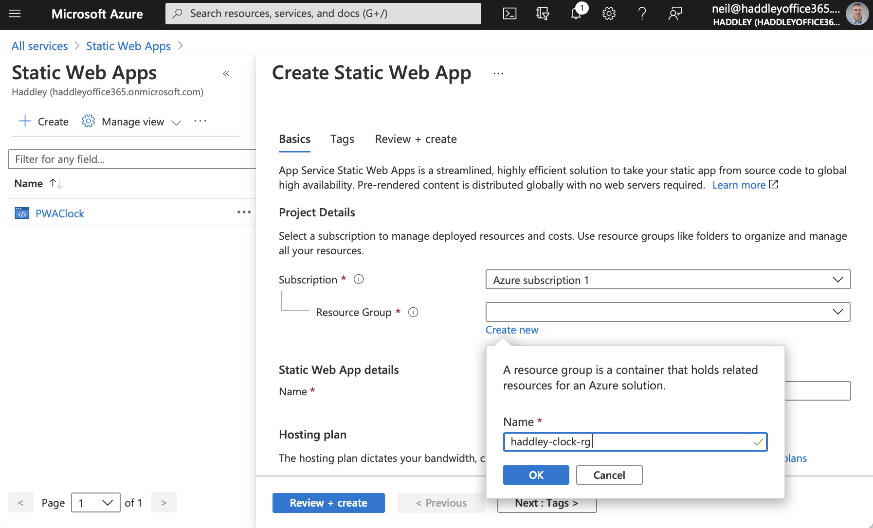 Create the Static Web App in a new Resource Group