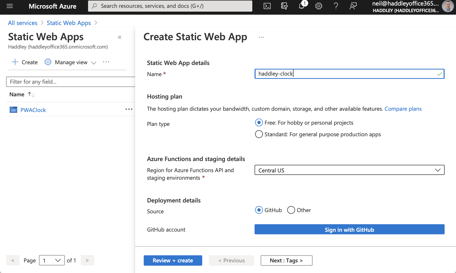 Select the "Free" hosting plan. Click the "Sign in with GitHub" button.