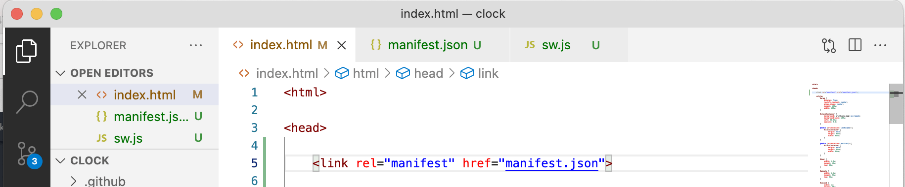 We add a manifest file reference to the index.html web page