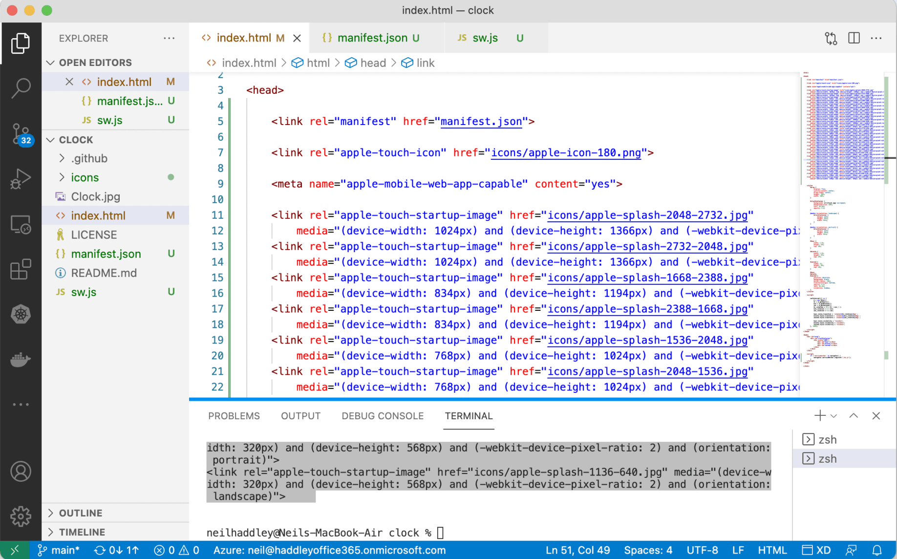 The <link rel=apple... tags are copied from the terminal to head section of the index.html page