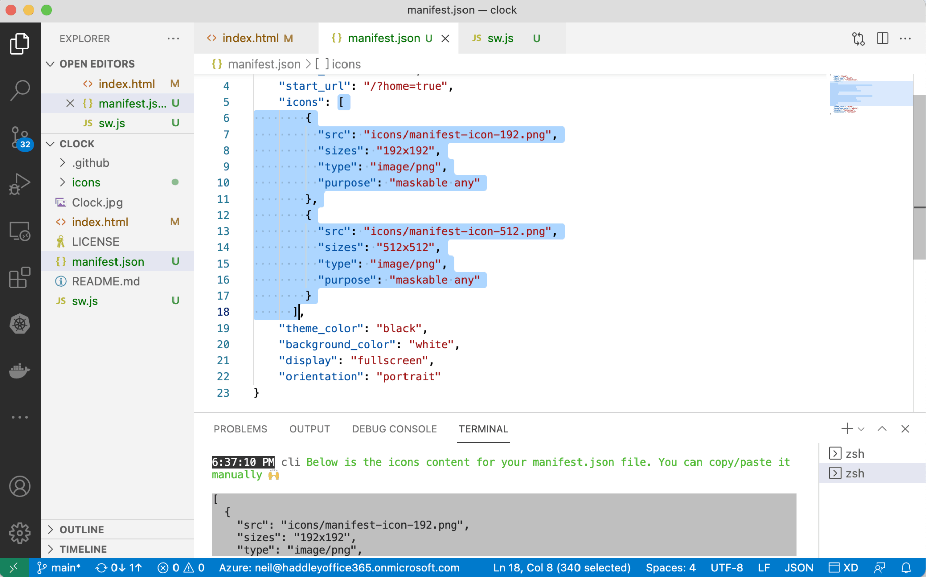 Details of the generated icons are copied to the manifest.json file