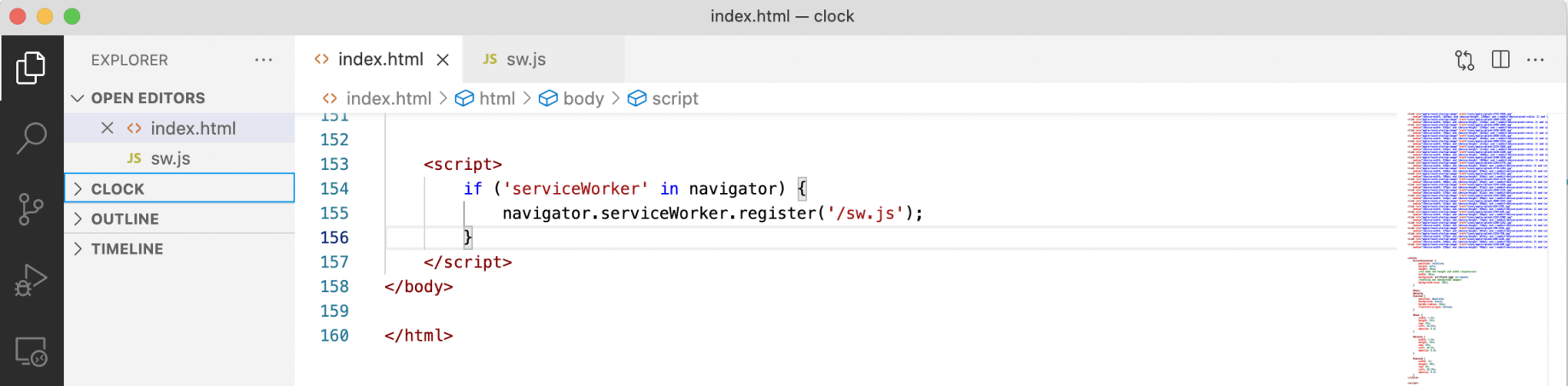 We add code to the index.html page that will register the service worker.