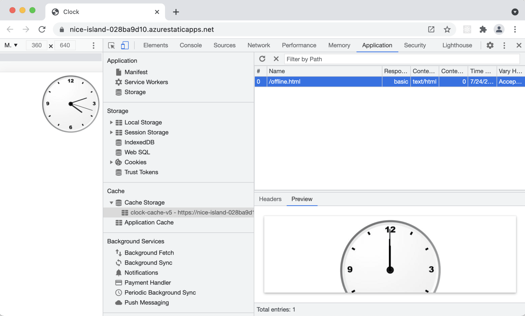The offline.html file has been copied to Cache Storage