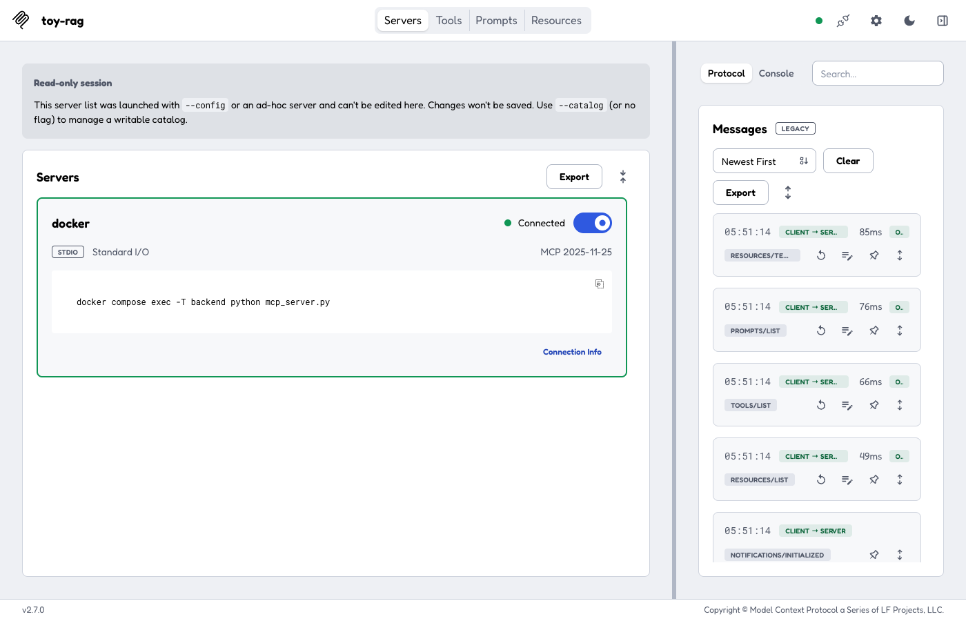 Now genuinely connected — the toggle is blue, the status reads "Connected," and the message log on the right shows four real, completed round trips to the actual spawned process