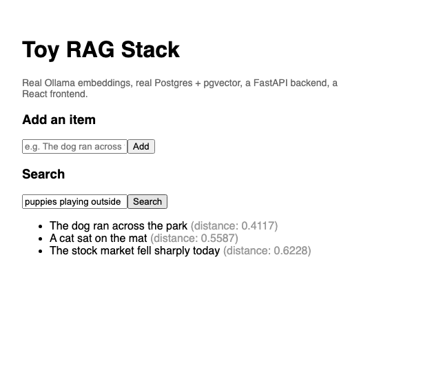 The real, working result — typed into an actual browser, hitting the actual FastAPI backend, which called the actual Ollama embeddings endpoint Phase 1 tested by hand