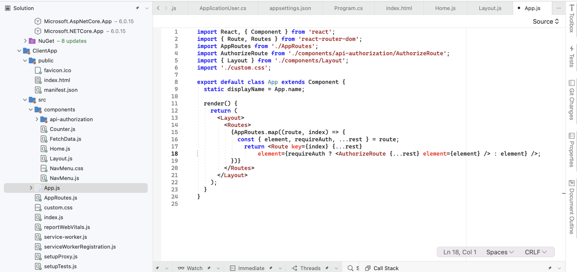 The React App component returns the Layout component and a child component that depends on the url (Route)
