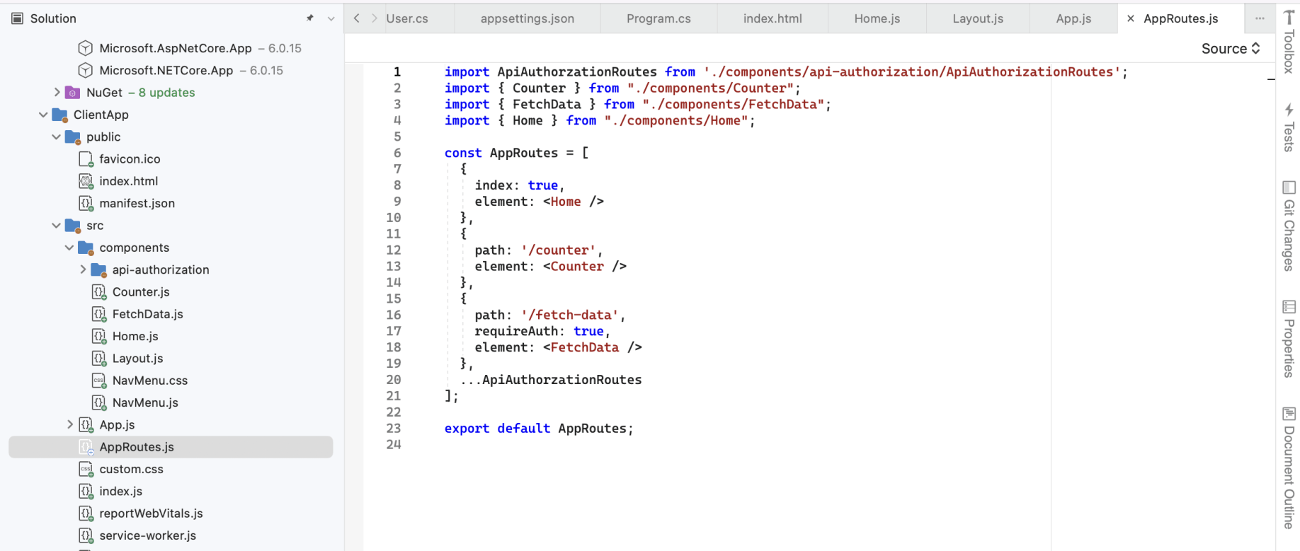 The Fetch data route has requireAuth set to true.