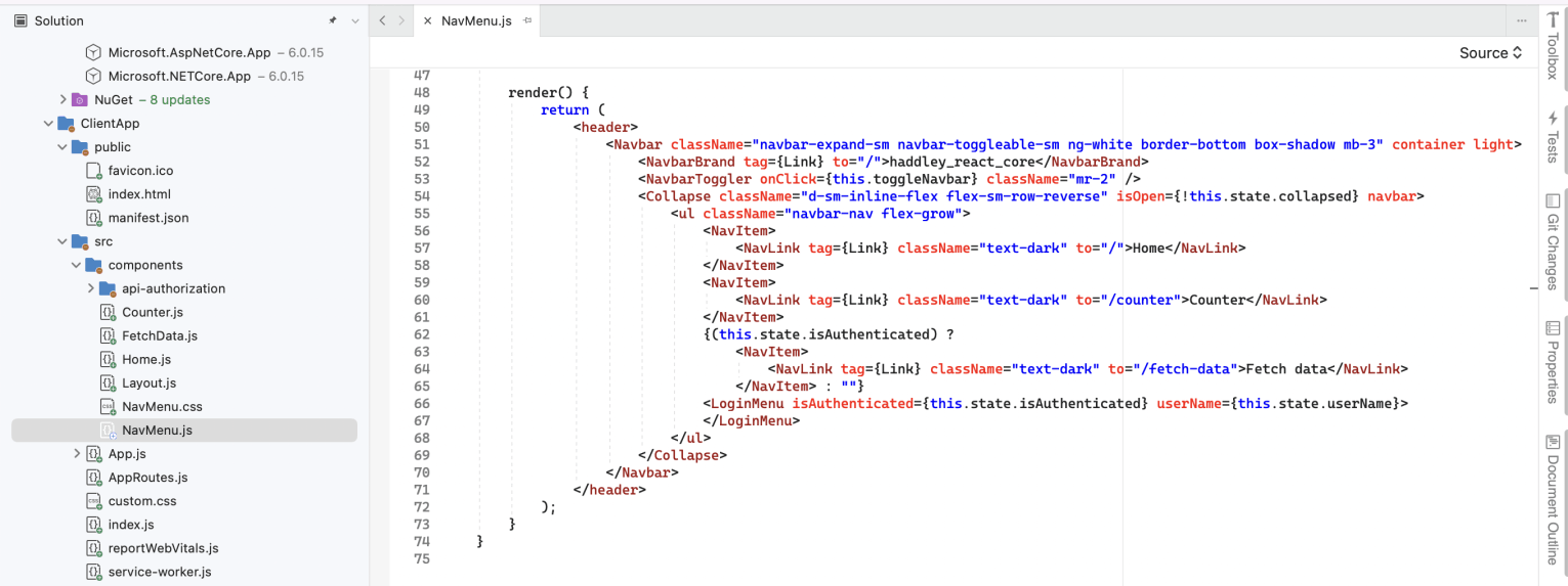 isAuthenticated and userName values are passed as properties