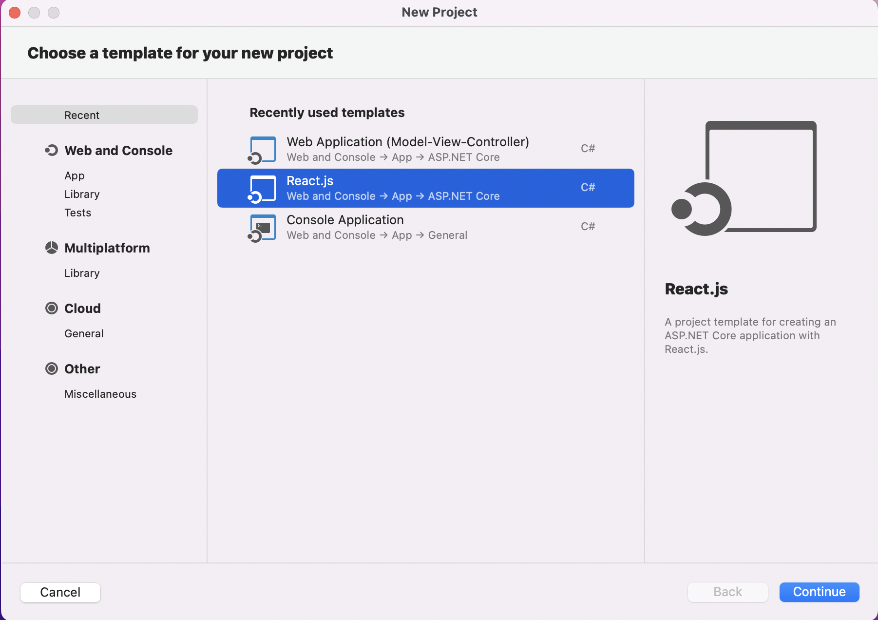 I selected the React.js template
