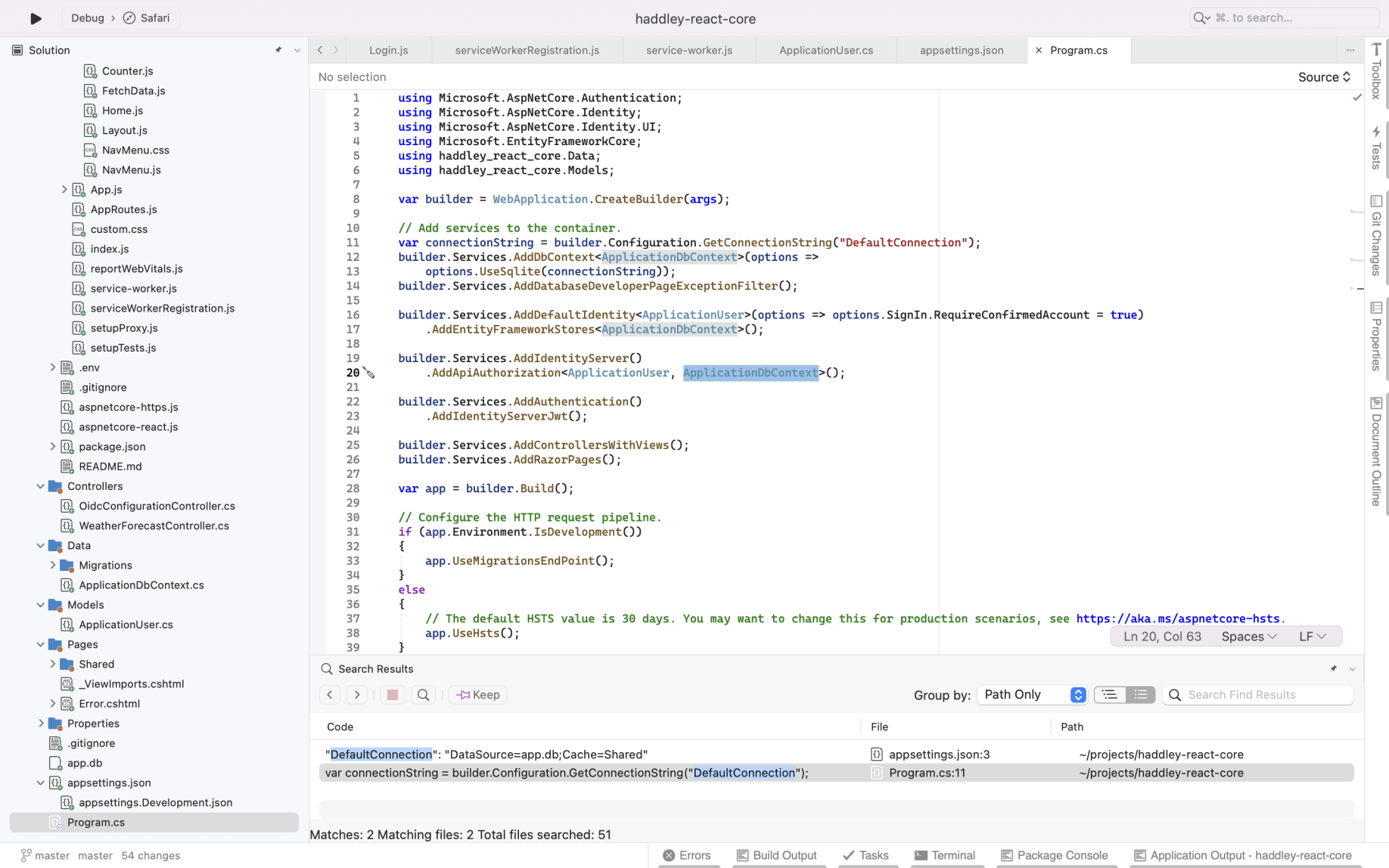 I reviewed the Program.cs file. The template includes a local user database. I registered as a user.