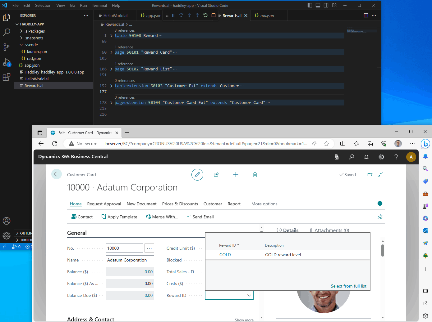 I added a Customer Ext (table extension) and a Customer Card Ext (card extension) to associate a Reward value with an Business Central Customer