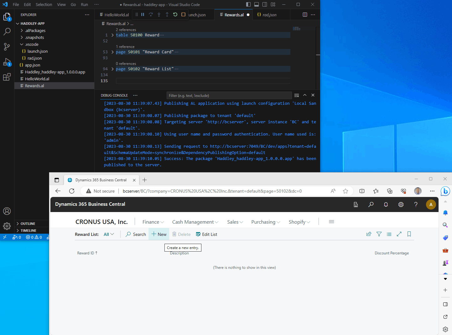 I navigated to http://bcserver/BC/?tenant=default&page=50102 to view the Reward table using the Reward List page