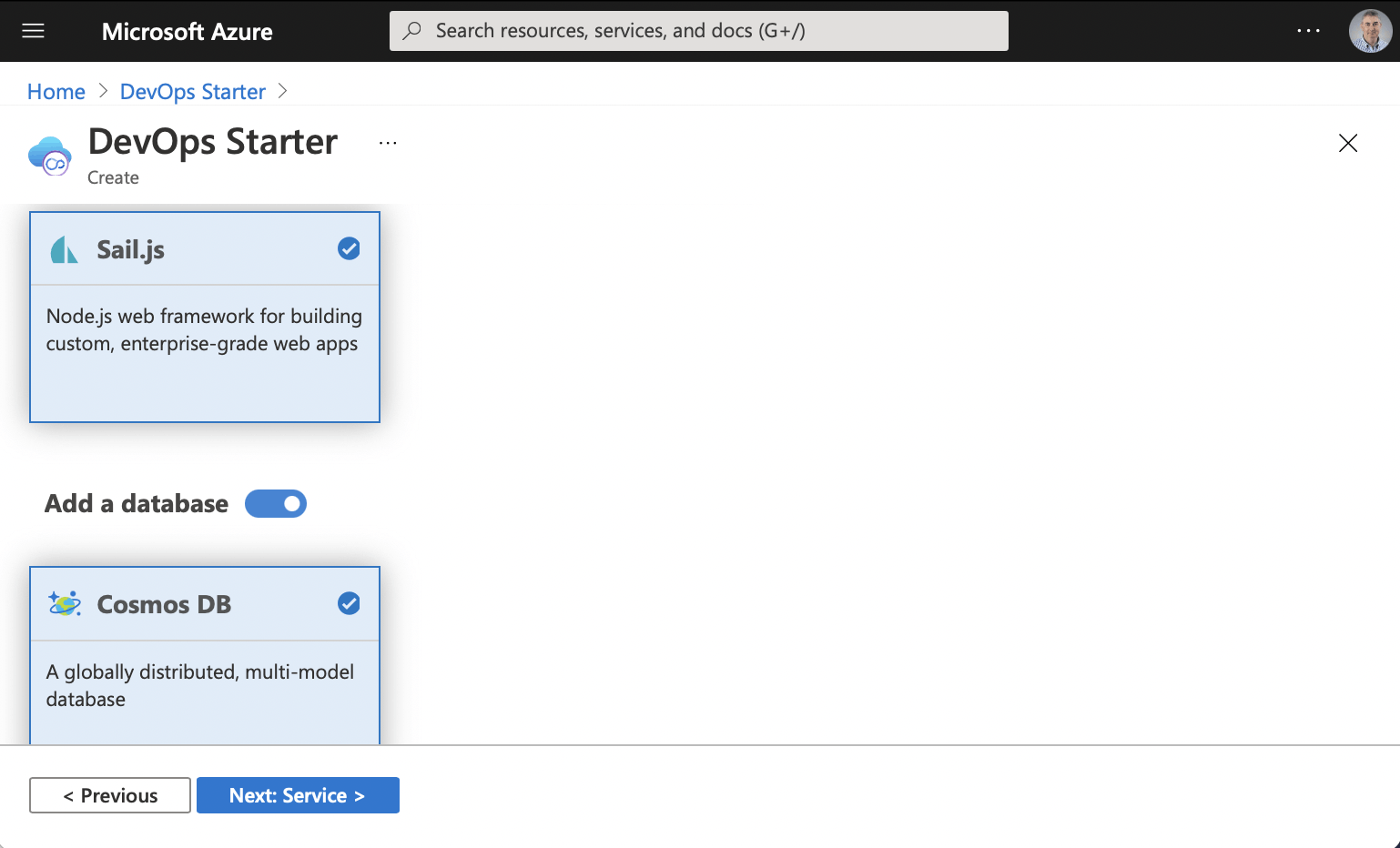 Select Sails.js and add a database