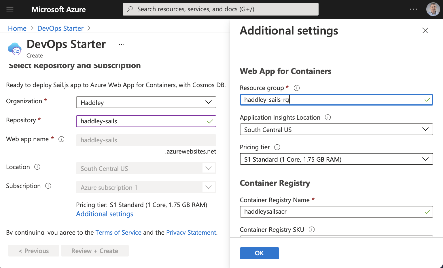 Web App, Container Registry and Database settings