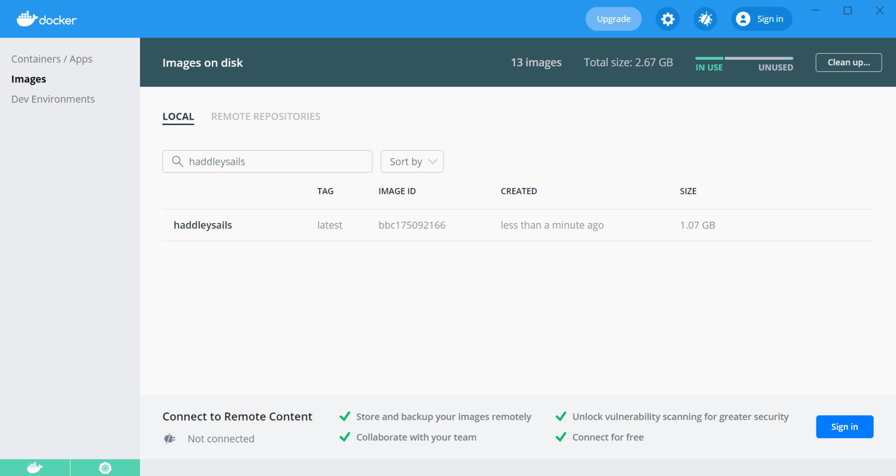 The haddleysails image is displayed in Docker Desktop