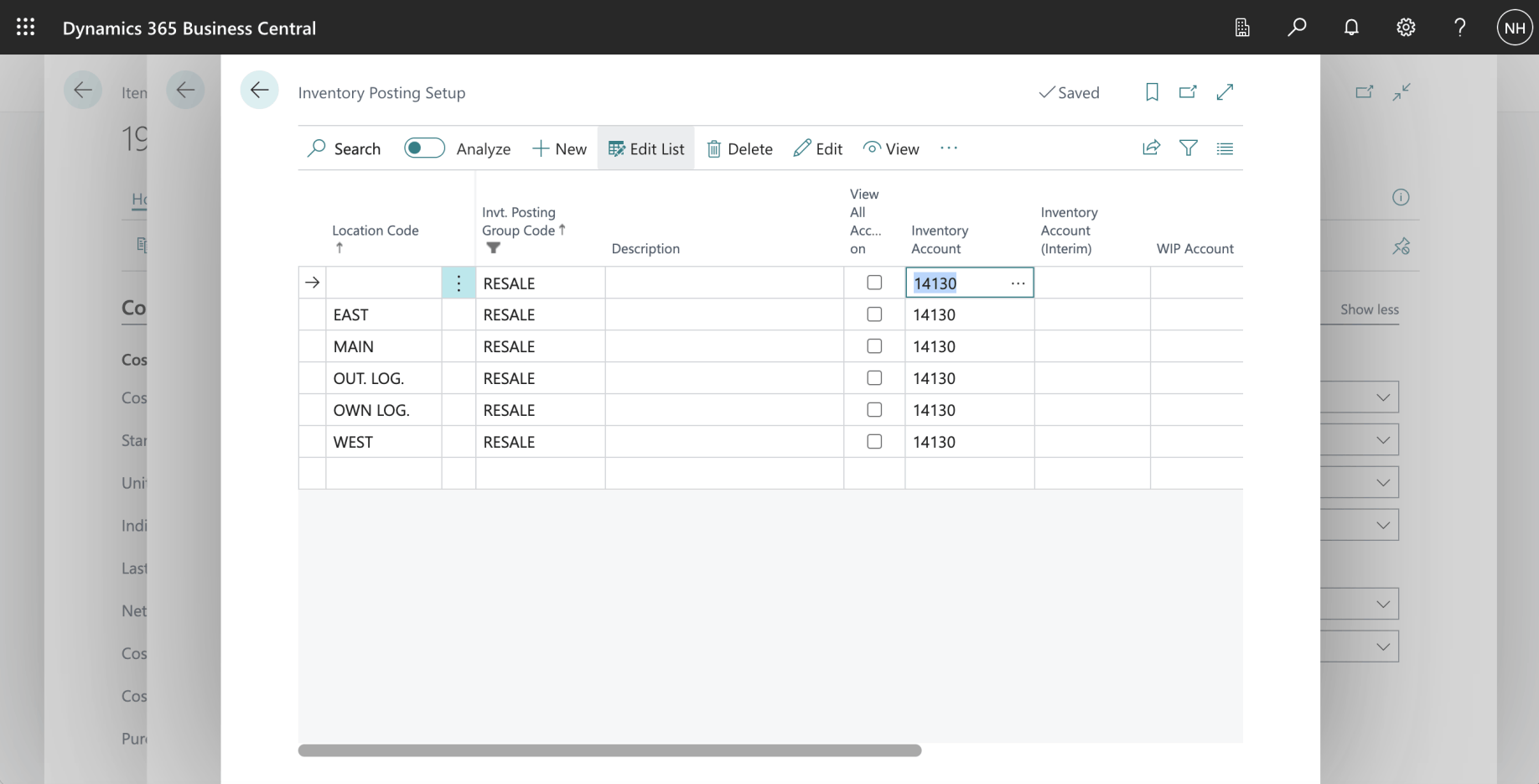 When we sell a RESALE item we should use 14130 Finished Goods as the Inventory Account.