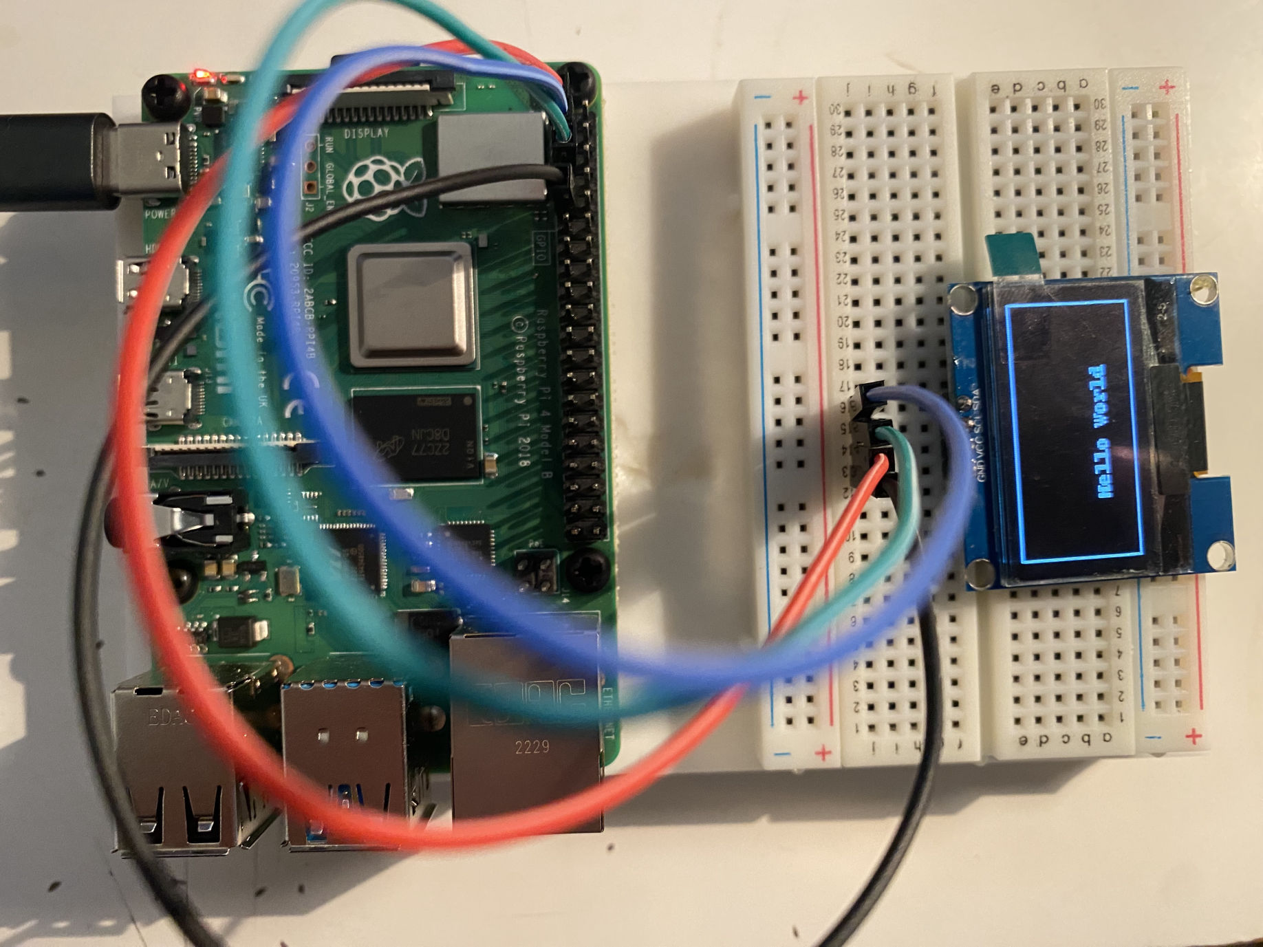 The hello.py code running on configured hardware