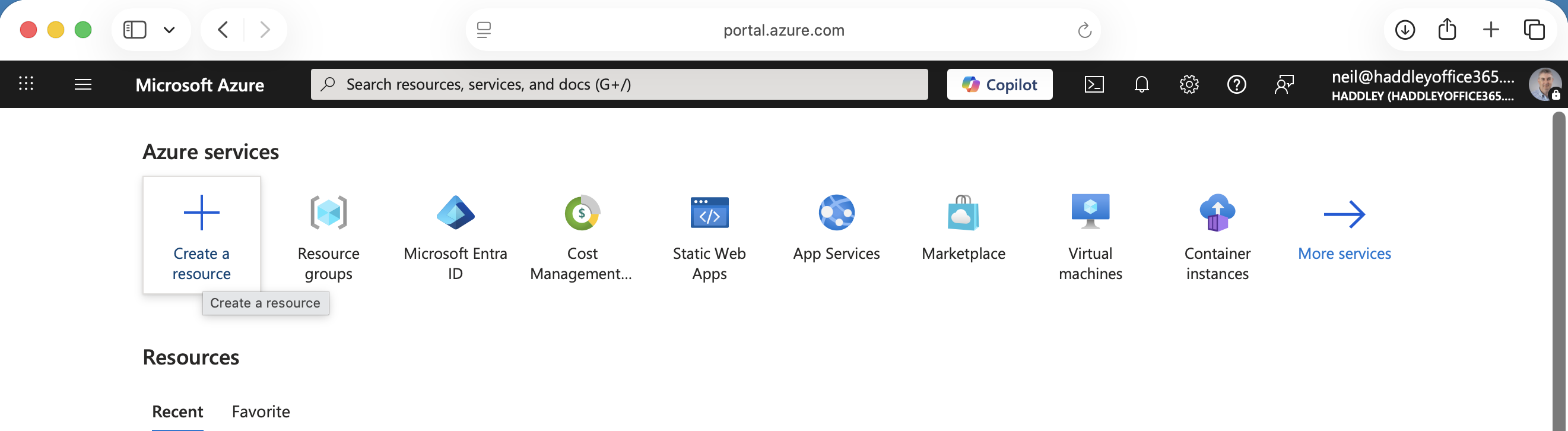 I opened the Azure portal and clicked Create a resource