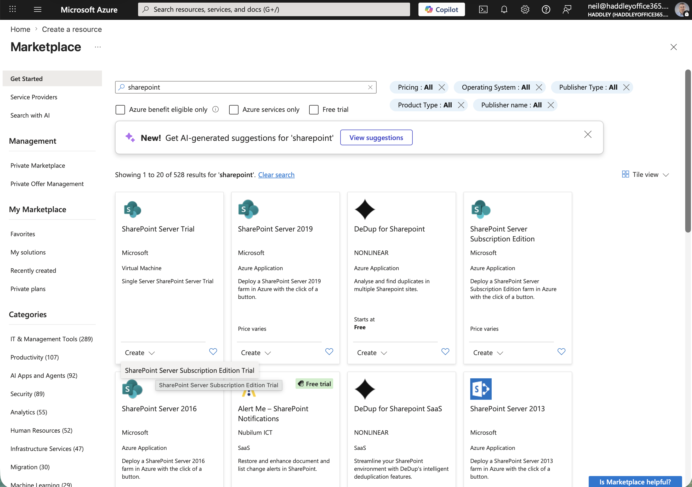 I searched for "sharepoint" in the Marketplace and found several SharePoint Server options
