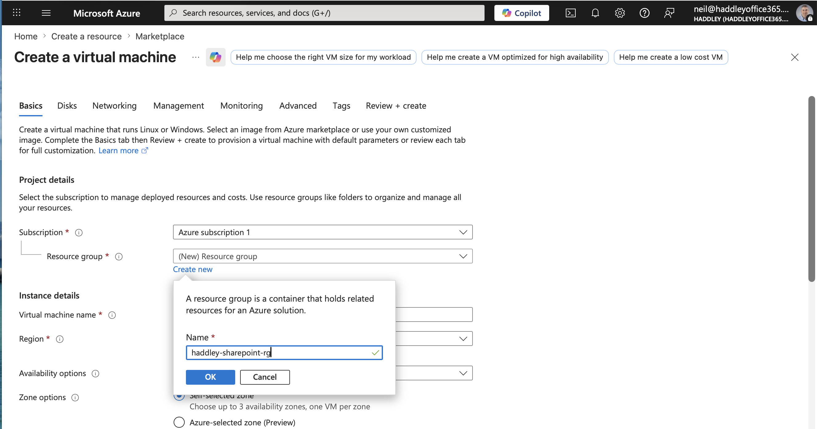 I started creating a virtual machine and entered a new resource group name "haddley-sharepoint-rg"