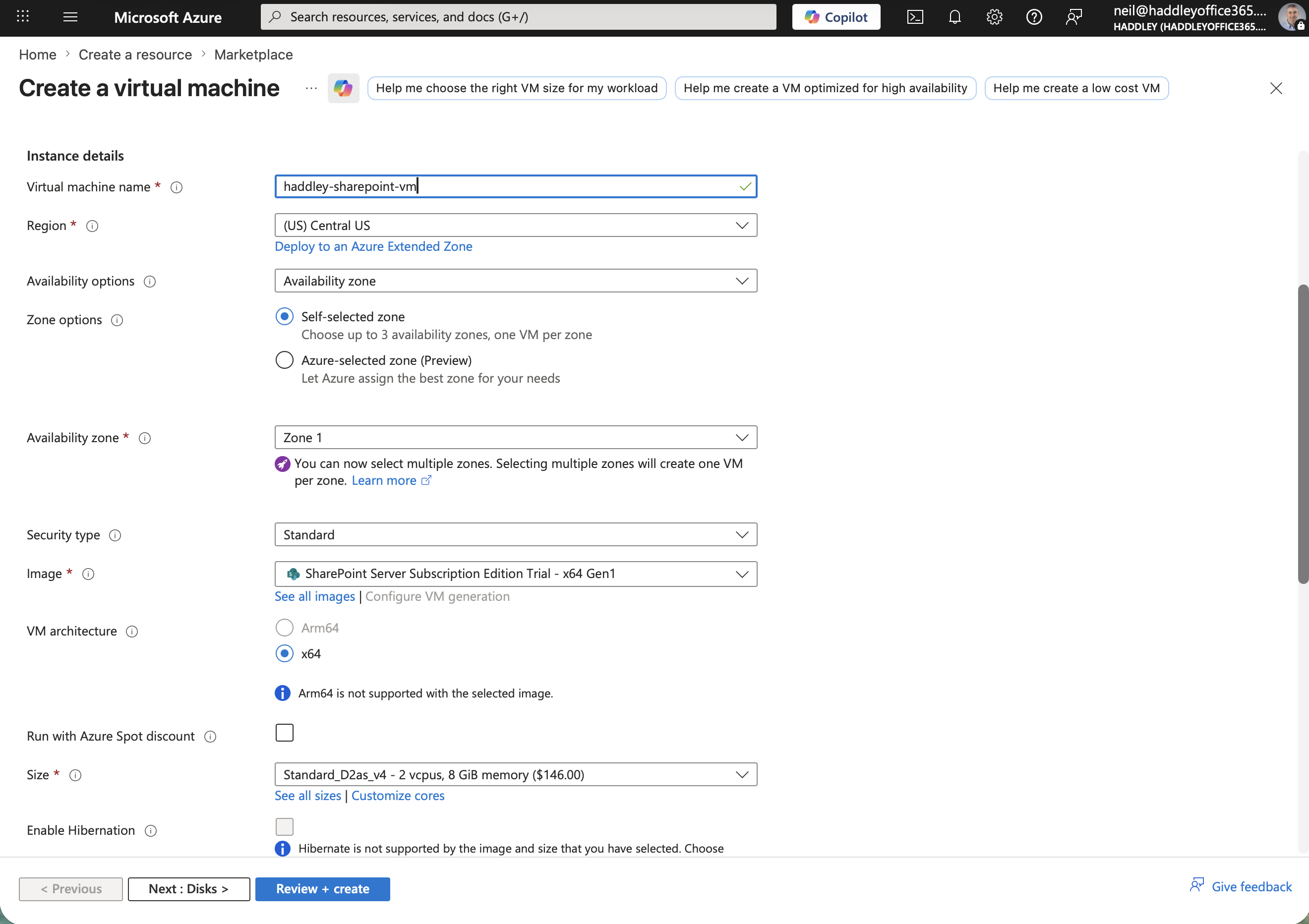 I named the VM "haddley-sharepoint-vm" and selected the SharePoint Server Subscription Edition Trial image
