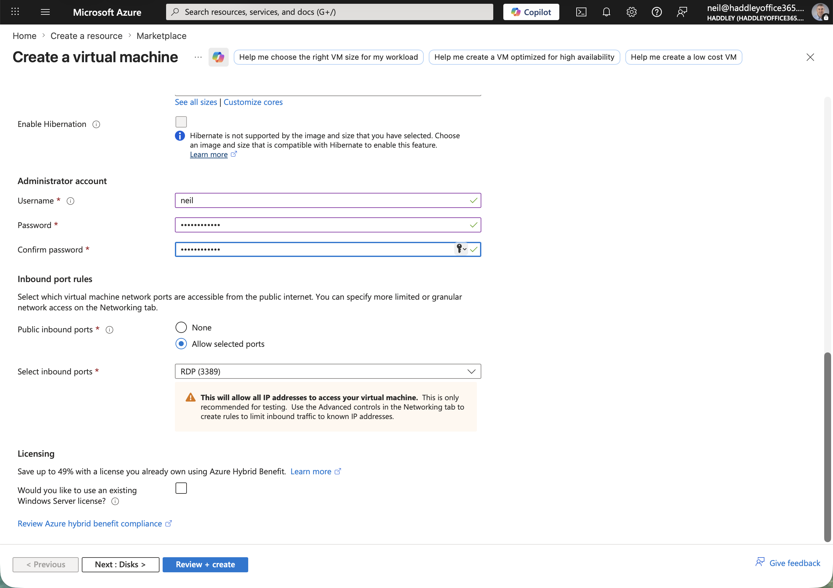 I set the administrator username to "neil", configured a password, and allowed RDP on port 3389