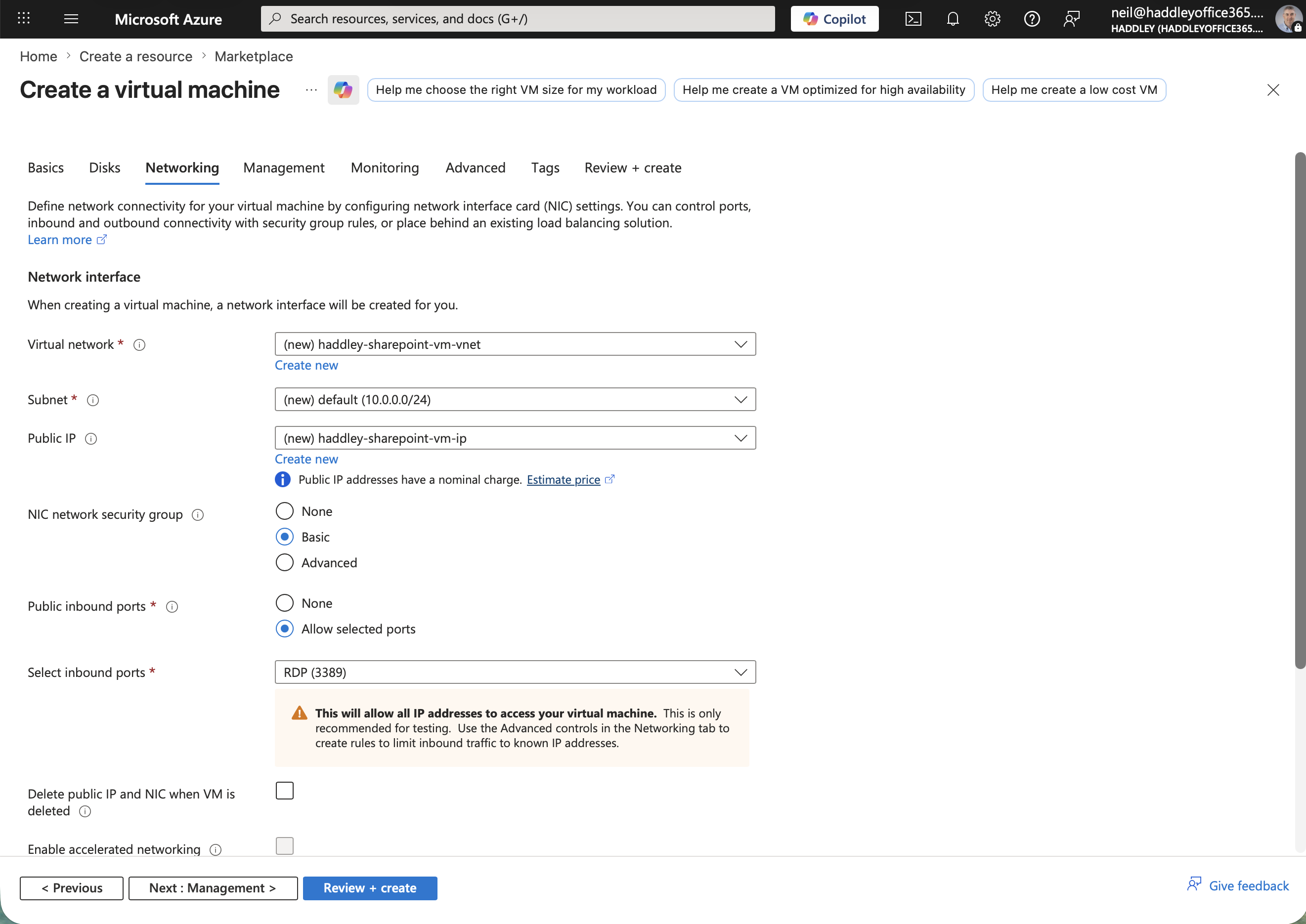 I reviewed the Networking tab and left the default virtual network and subnet settings